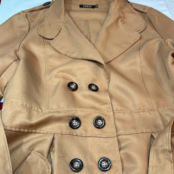 XL TAN button up Trench COAT office siren BELT pockets shoulder straps Corp core - Picture 7 of 16